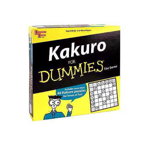 Kakuro for Dummies puzzle game box featuring yellow and black packaging with cartoon character and sample puzzle grids
