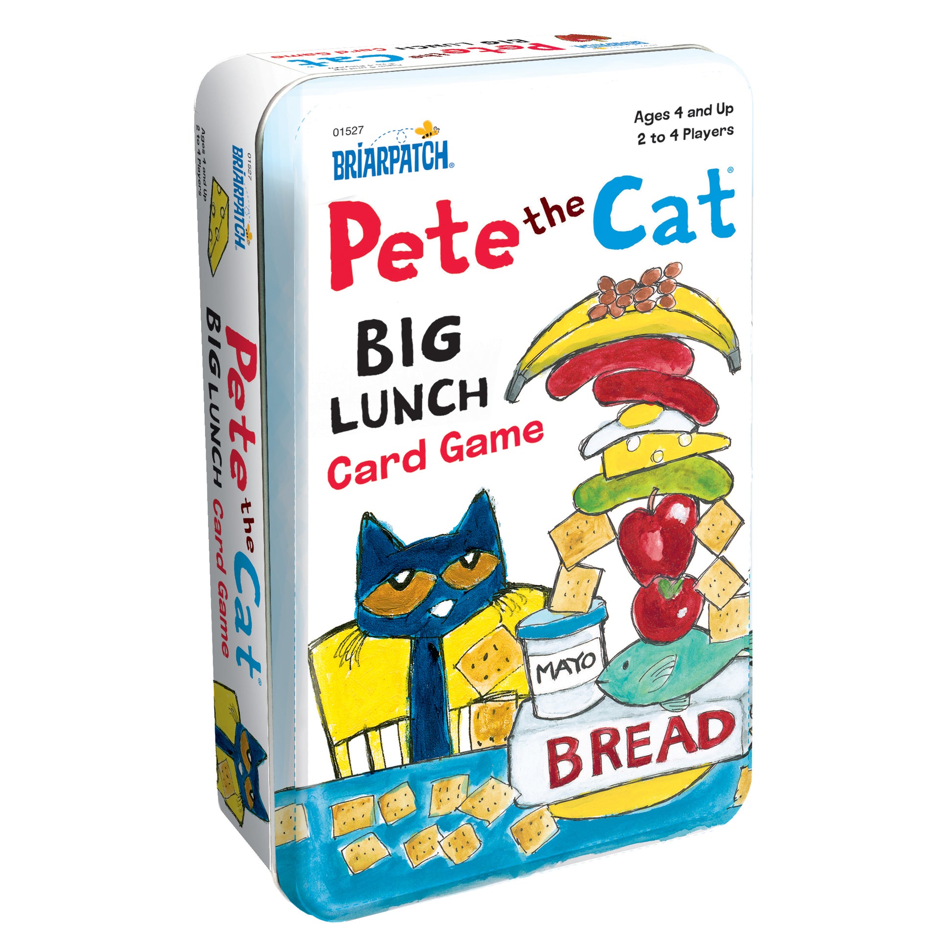 Pete the Cat Big Lunch Card Game Tin by Briarpatch, featuring illustrated blue cat with yellow eyes and colorful stacked food items including banana, crackers,