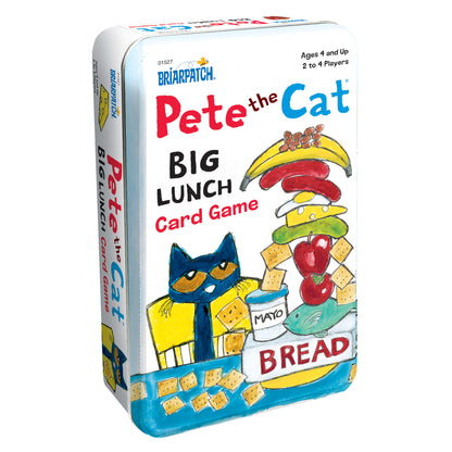 Pete the Cat Big Lunch Card Game Tin by Briarpatch, featuring illustrated blue cat with yellow eyes and colorful stacked food items including banana, crackers,