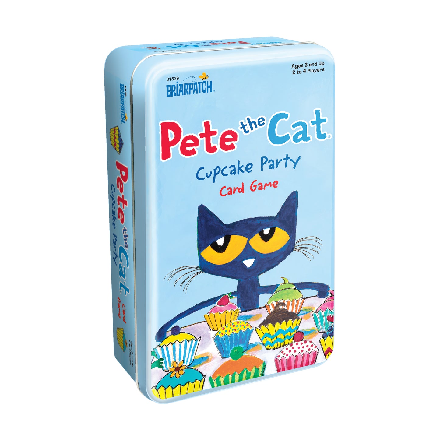 Pete the Cat Cupcake Party Card Game Tin by Briarpatch, featuring blue tin box with illustrated black cat and colorful cupcakes, for ages 3 and up, 2 to 4 playe