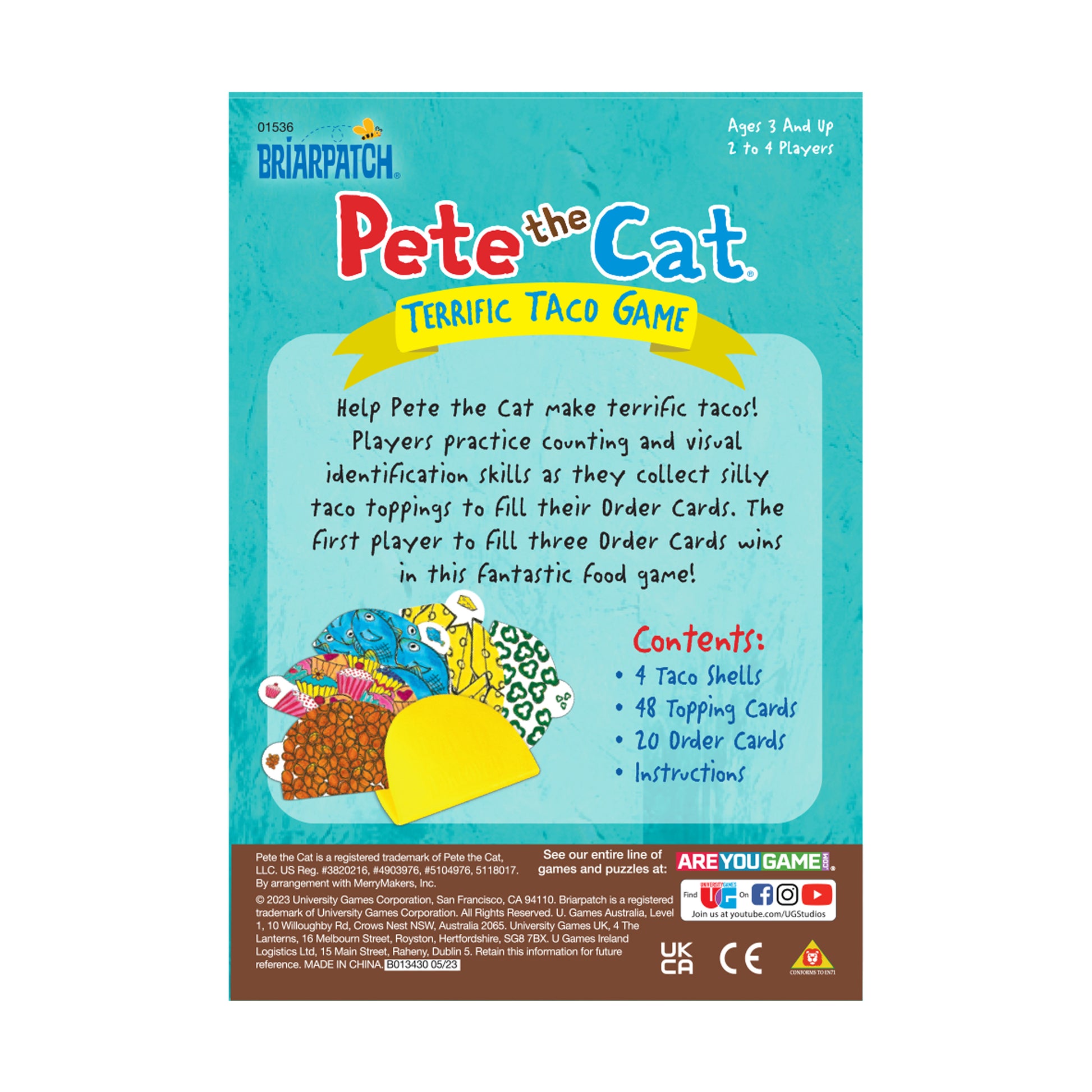 Pete the Cat Terrific Taco Game box featuring colorful taco toppings and game components