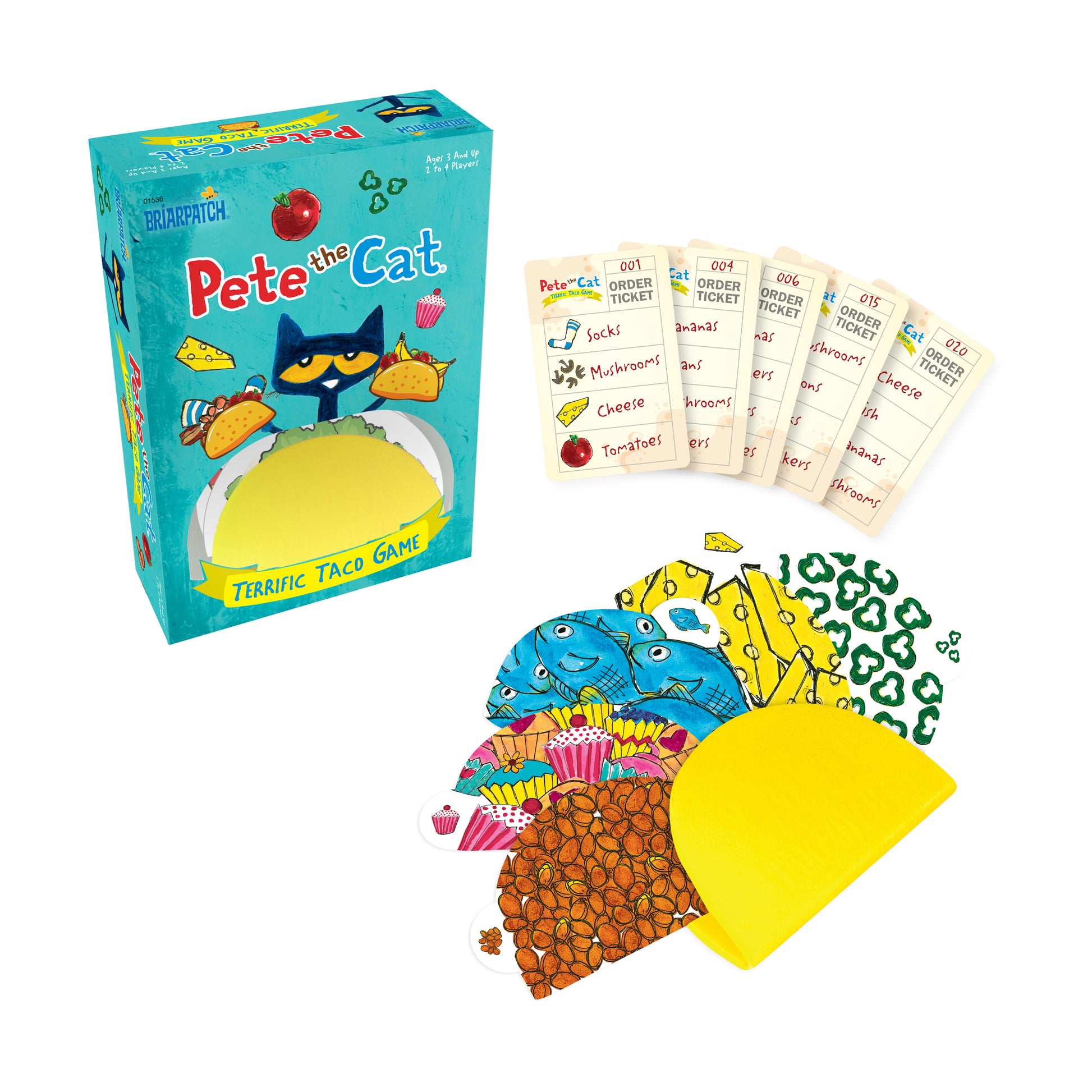 Pete the Cat Terrific Taco Game box with colorful game cards and yellow taco-shaped pieces
