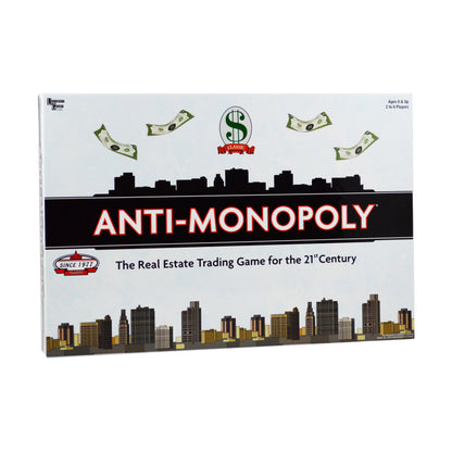 Anti-Monopoly board game box featuring dollar bills and city skyline, real estate trading game for ages 8 and up, 2 to 6 players