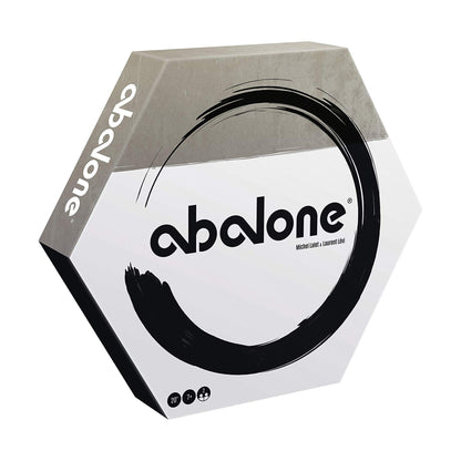 Abalone Classic Strategy Board Game box with hexagonal shape, white and gray packaging, black circular game piece illustration