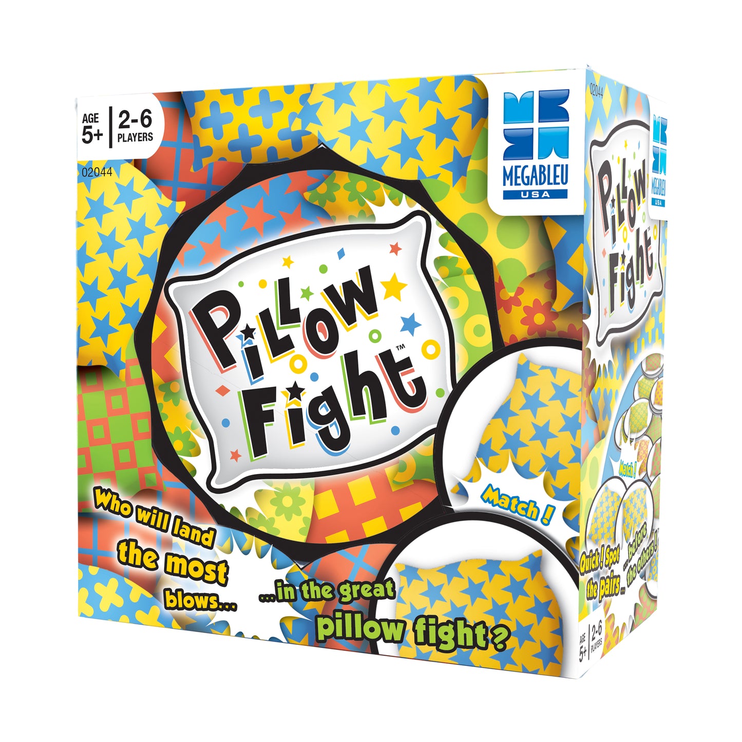 Pillow Fight card game box by Megableu USA, featuring colorful star and pattern background with game title in speech bubble, ages 5+, 2-6 players