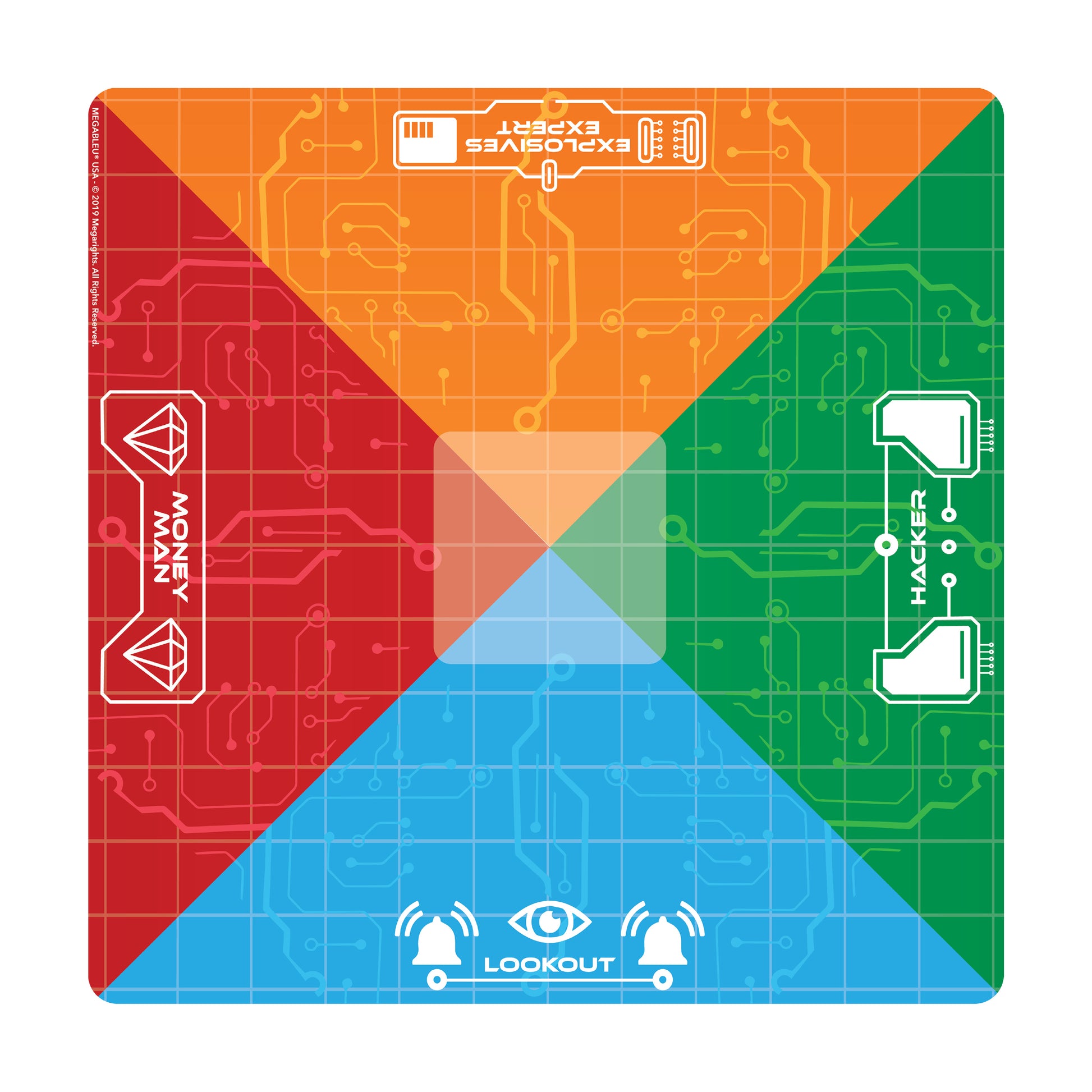 Heist Game Mat with color-coded sections: red zone labeled "Money" with diamond icons, orange central area, green zone labeled "Hacker" with circuit patterns, a