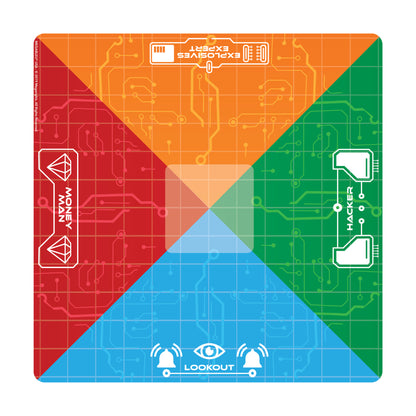 Heist Game Mat with color-coded sections: red zone labeled "Money" with diamond icons, orange central area, green zone labeled "Hacker" with circuit patterns, a