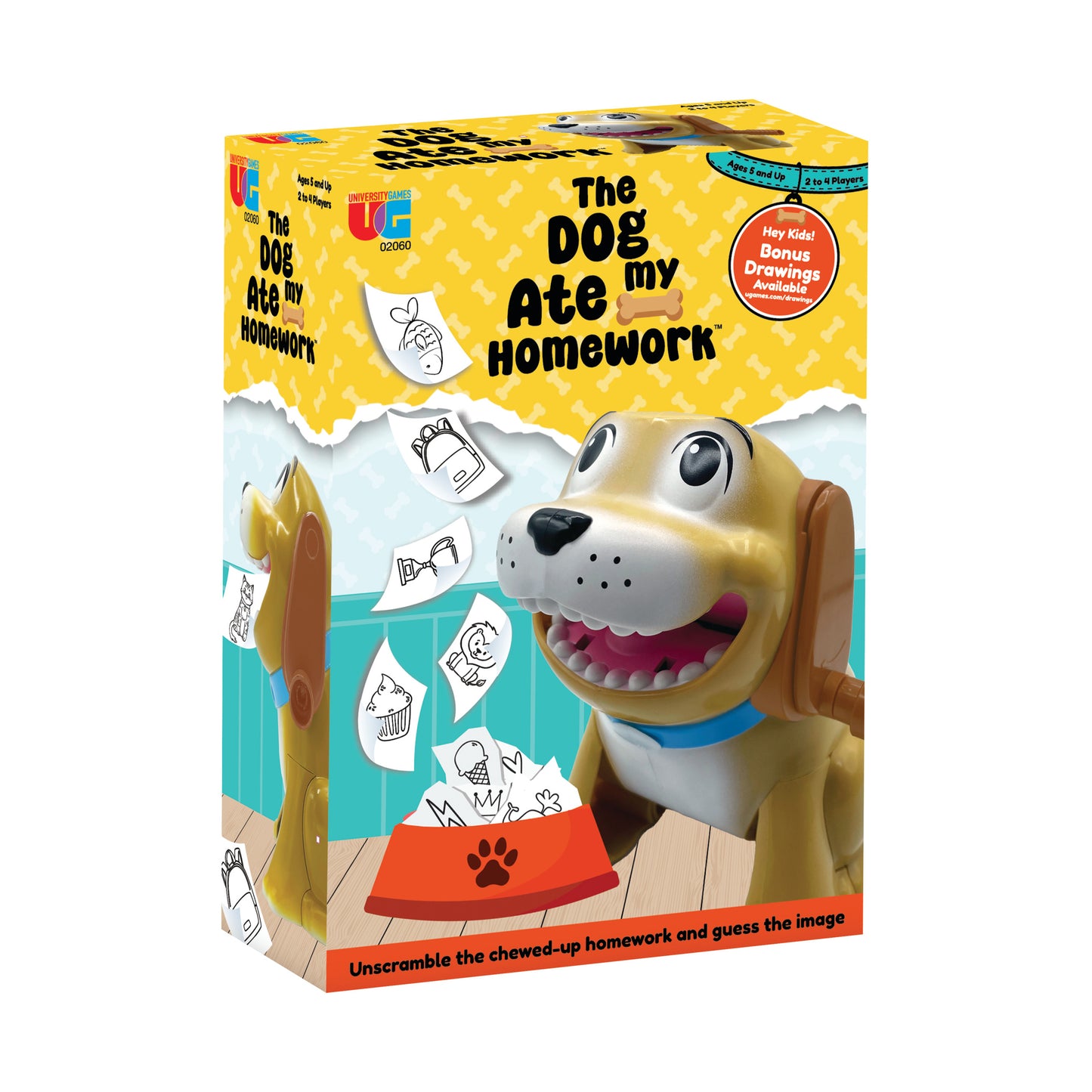 The Dog Ate My Homework board game box featuring a tan and white dog character with open mouth, surrounded by torn paper homework cards, ages 4 and up, 2 to 4 p
