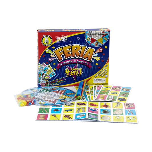 Feria 4 in 1 game box with board, colorful game cards, colored pencils, dice, and game pieces displayed