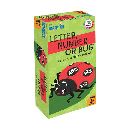 Briarpatch Letter, Number or Bug matching game box featuring a red ladybug with ABC and 123 on its wings, ages 3+, for 2 to 4 players