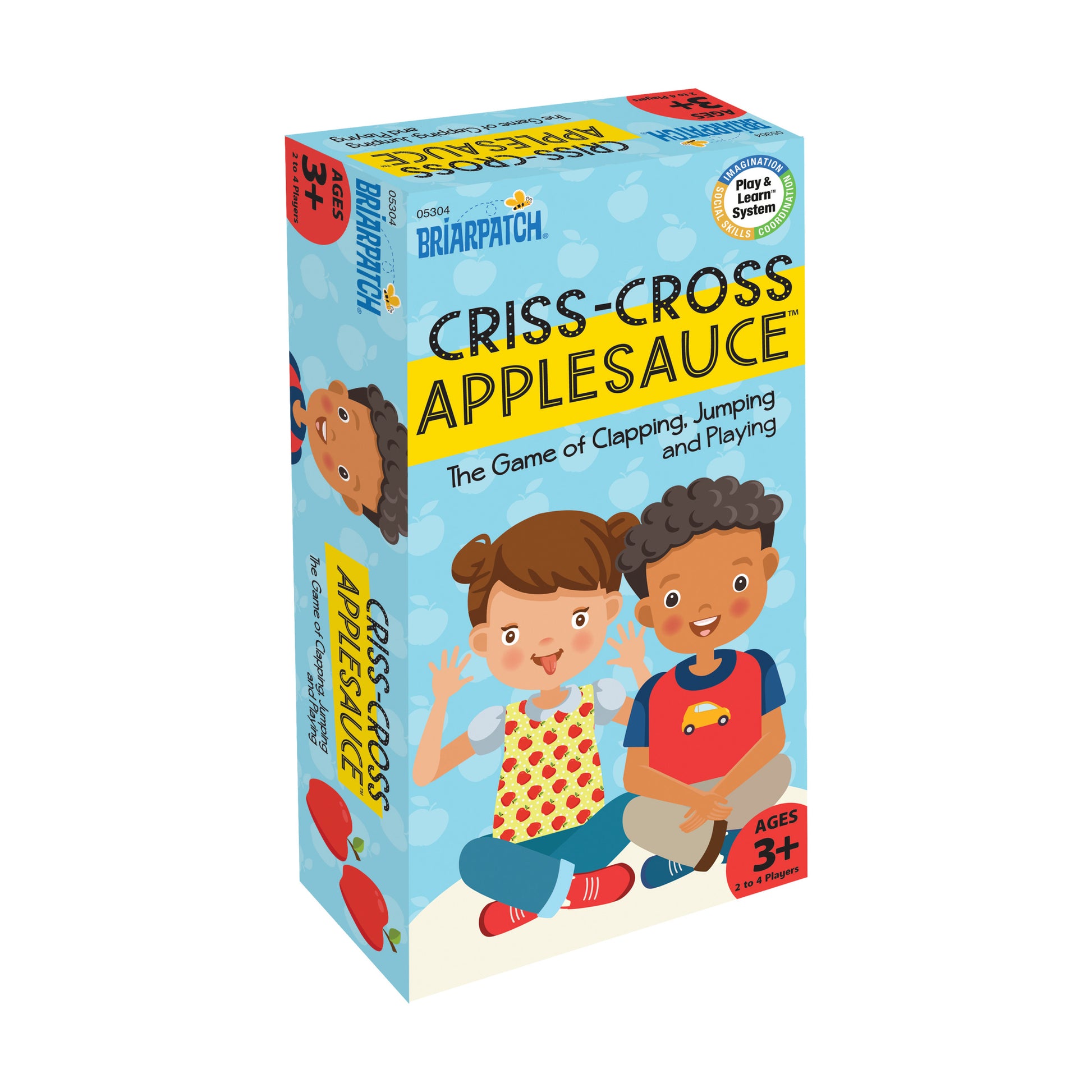 Briarpatch Criss-Cross Applesauce game box featuring two children clapping and jumping, ages 3+, 2 to 4 players