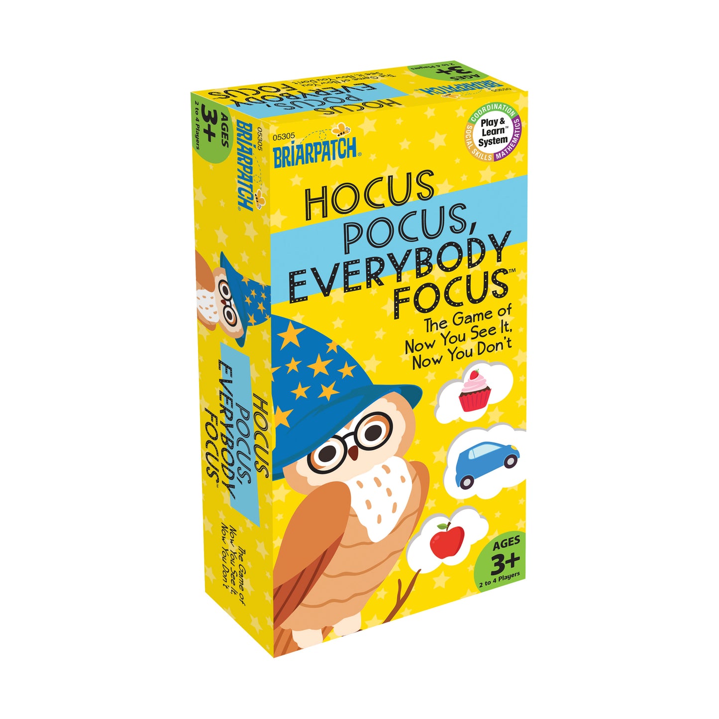 Briarpatch Hocus Pocus, Everybody Focus board game box featuring a wizard character with glasses and star-filled hat on yellow background, ages 3+