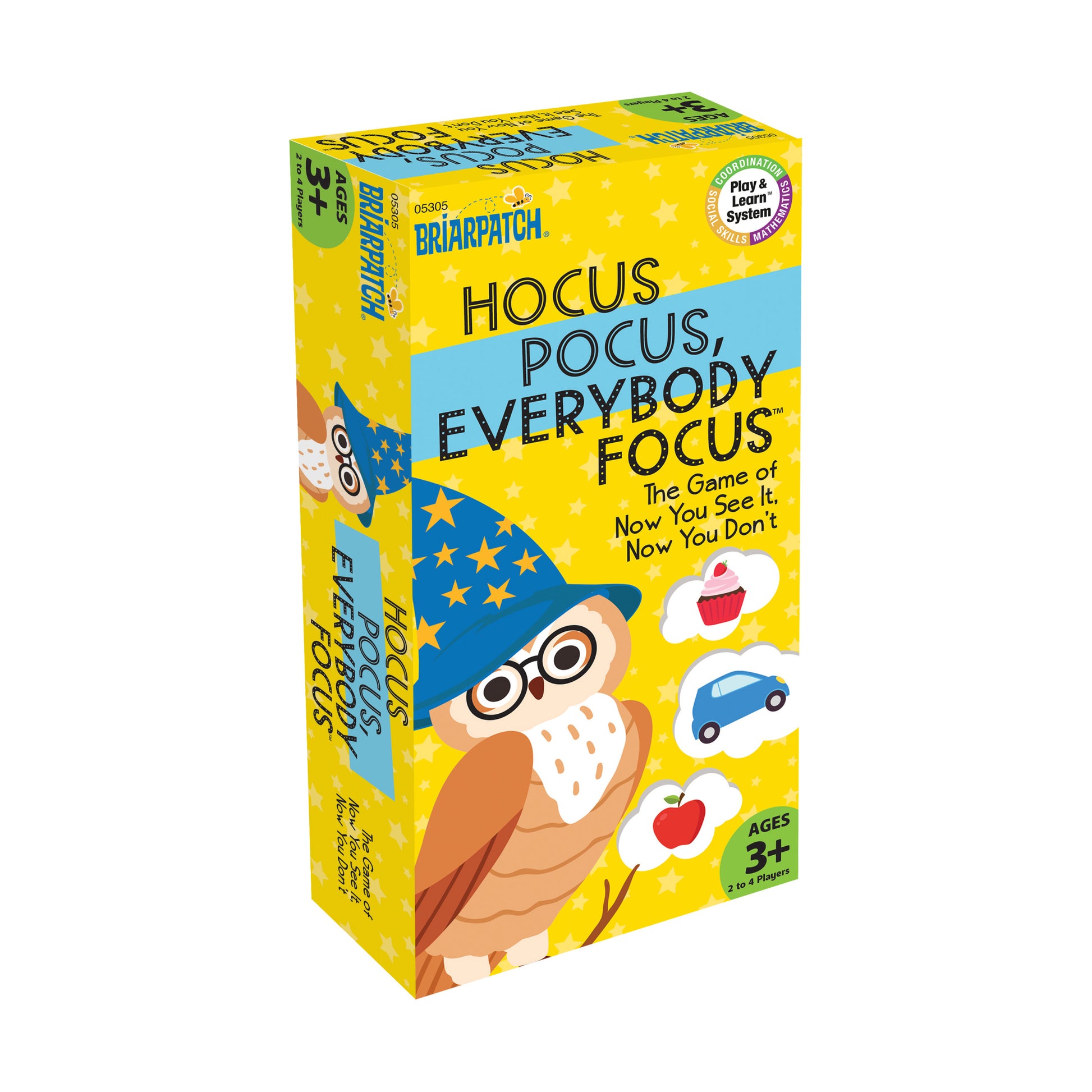 Briarpatch Hocus Pocus, Everybody Focus board game box featuring a wizard character with glasses and star-filled hat on yellow background, ages 3+