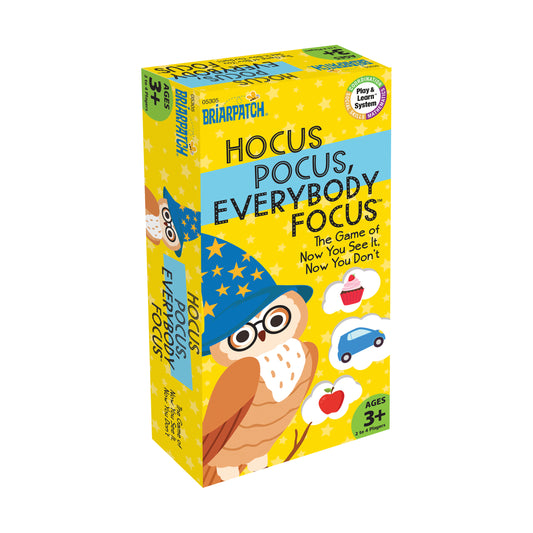 Briarpatch Hocus Pocus, Everybody Focus board game box featuring a wizard character with glasses and star-filled hat on yellow background, ages 3+
