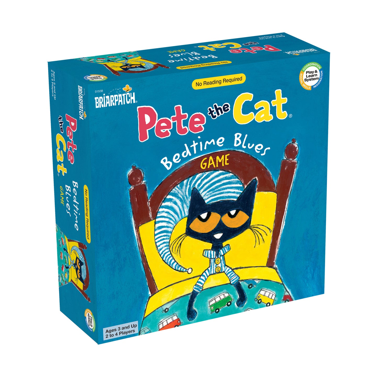 Pete the Cat Bedtime Blues board game box featuring Pete the Cat in yellow pajamas on a red bed with blue striped pillow, ages 3 and up, 2 to 4 players
