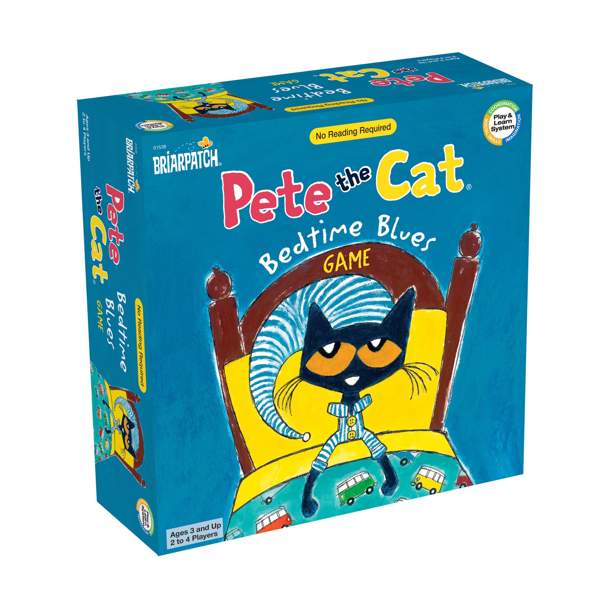 Pete the Cat Bedtime Blues board game box featuring Pete the Cat in yellow pajamas on a red bed with blue striped pillow, ages 3 and up, 2 to 4 players