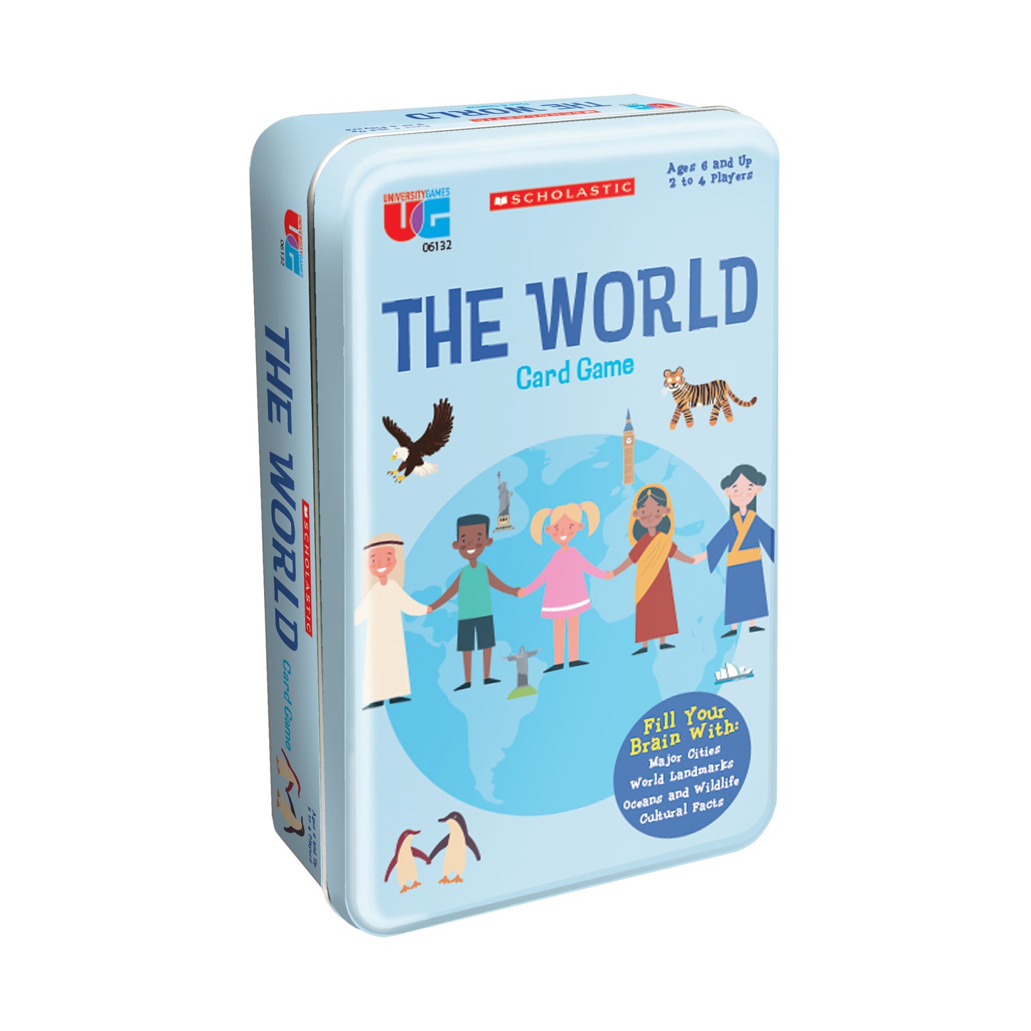 The World Card Game by Scholastic in light blue tin box, featuring illustrated children from different cultures and world landmarks, for ages 6 and up