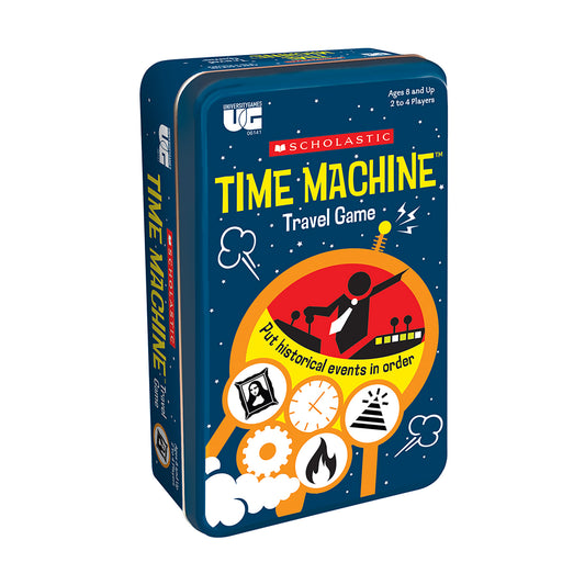 Scholastic Time Machine Travel Game tin box, blue with orange time machine illustration and historical event icons, for ages 8 and up, 2 to 4 players