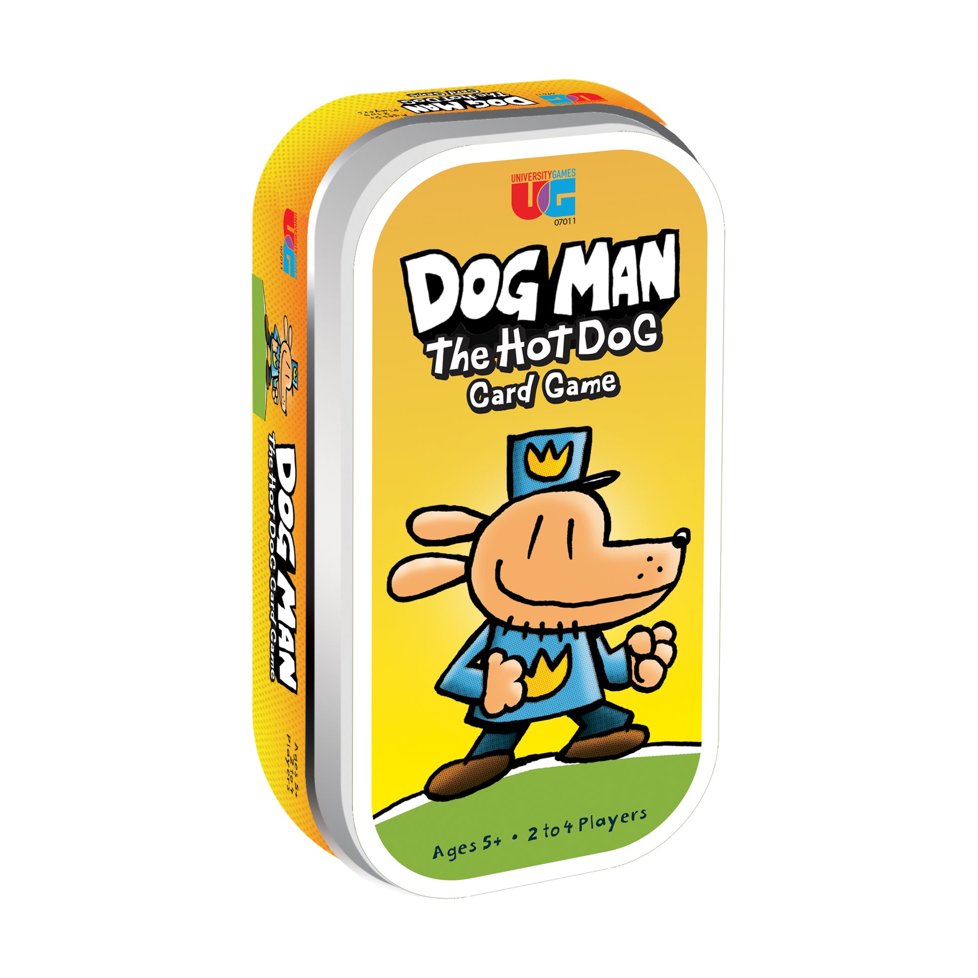 Dog Man - The Hot Dog Card Game box featuring cartoon dog character in blue outfit and crown on yellow background, ages 5+, 2 to 4 players