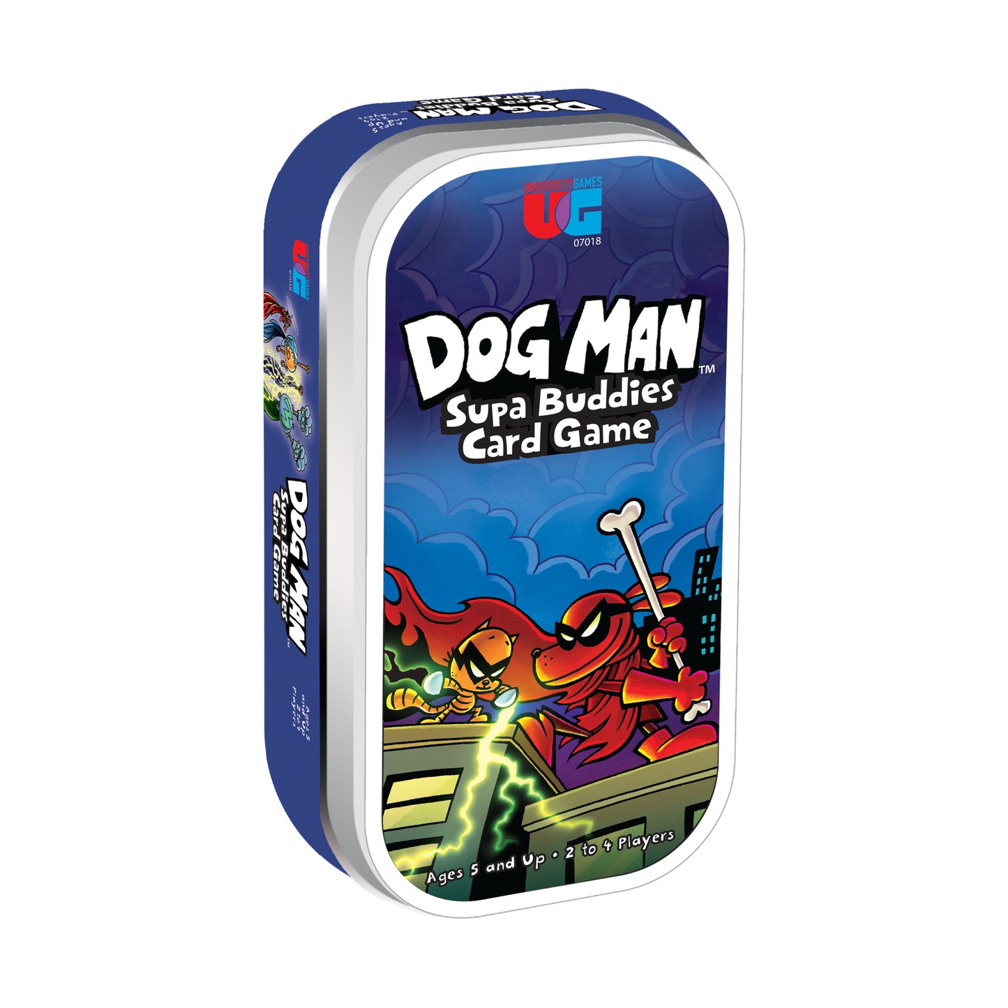 Dog Man Supa Buddies Card Game tin box with blue and red illustrated characters on cityscape background