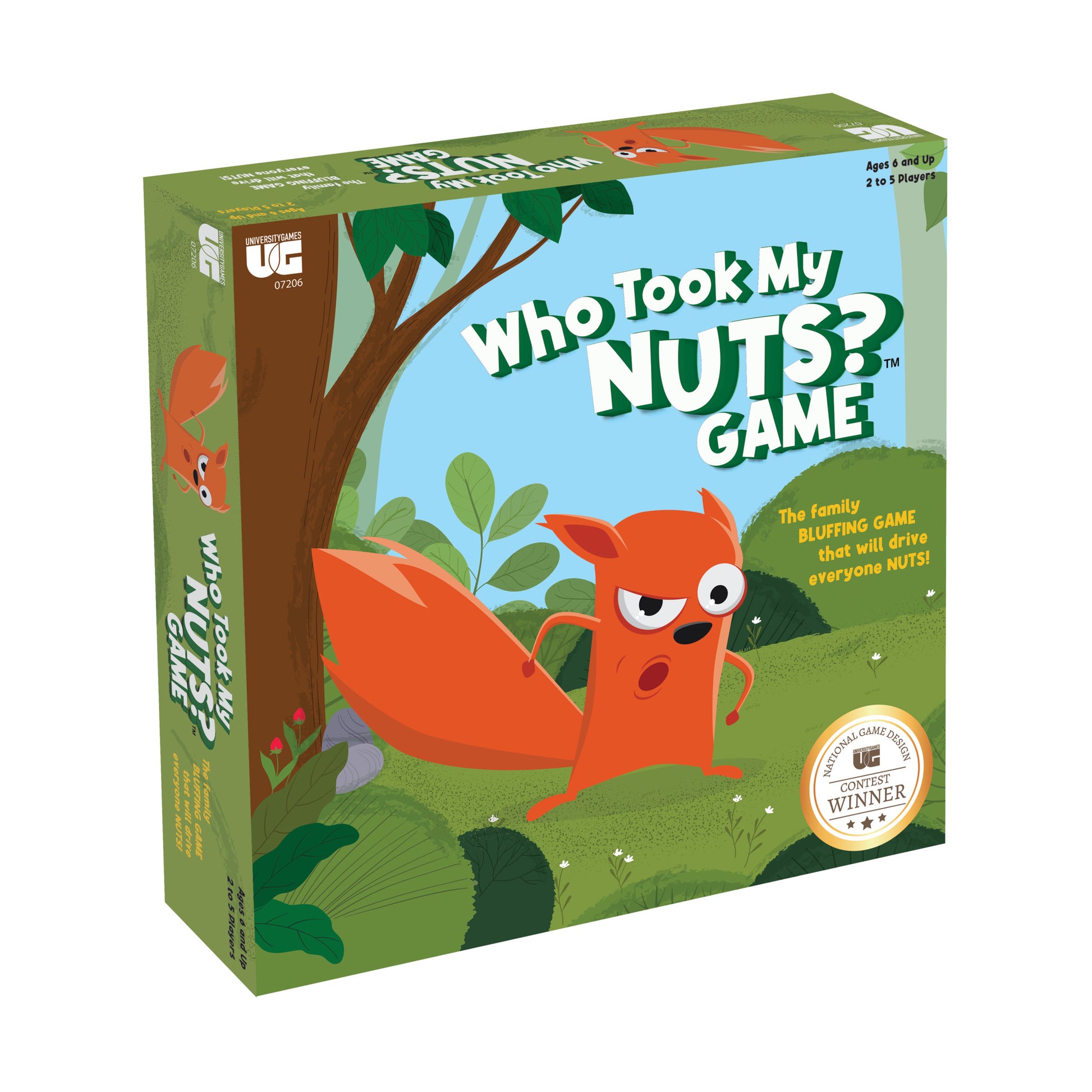 Who Took My NUTS? Game box featuring an orange squirrel character with a large acorn, green forest setting, ages 4 and up, 2 to 5 players