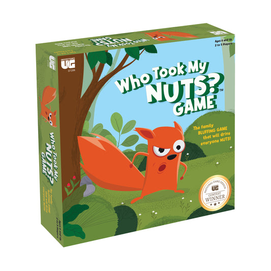 Who Took My NUTS? Game box featuring an orange squirrel character with a large acorn, green forest setting, ages 4 and up, 2 to 5 players