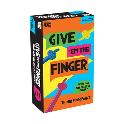 Give 'em the Finger board game box with colorful design, finger pointer props, and text reading "Who has the fastest finger? Think! Find! Point!"
