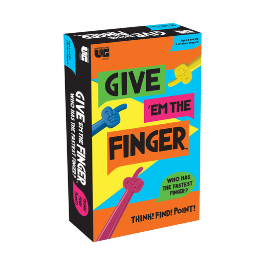 Give 'em the Finger board game box with colorful design, finger pointer props, and text reading "Who has the fastest finger? Think! Find! Point!"