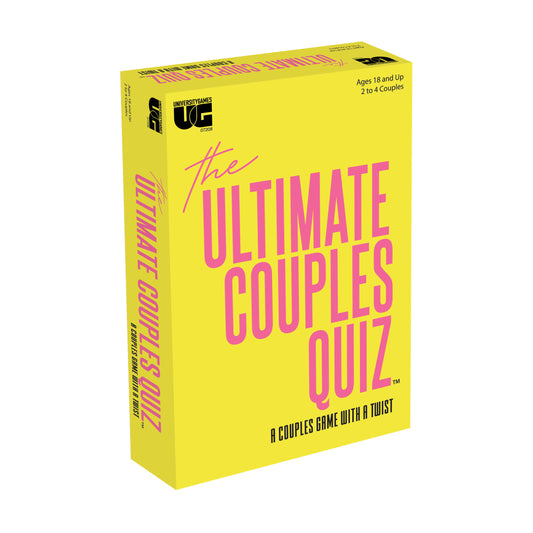 The Ultimate Couples Quiz board game box, bright yellow with magenta text, for ages 18 and up, 2 to 4 couples