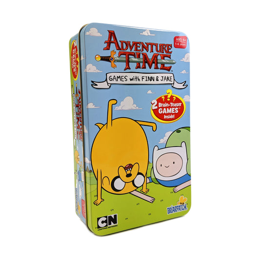 Adventure Time Games with Finn & Jake tin box featuring blue sky with clouds, yellow character and white character on green grass, labeled ages 6+, 2 brain-teas