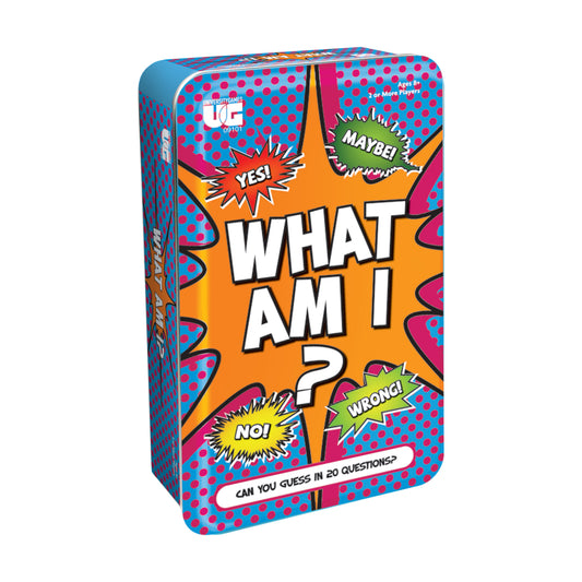 What Am I? Tin Lagoon Guessing Game box with colorful comic-style design, orange center panel with large question mark, and speech bubbles reading YES!, MAYBE!,