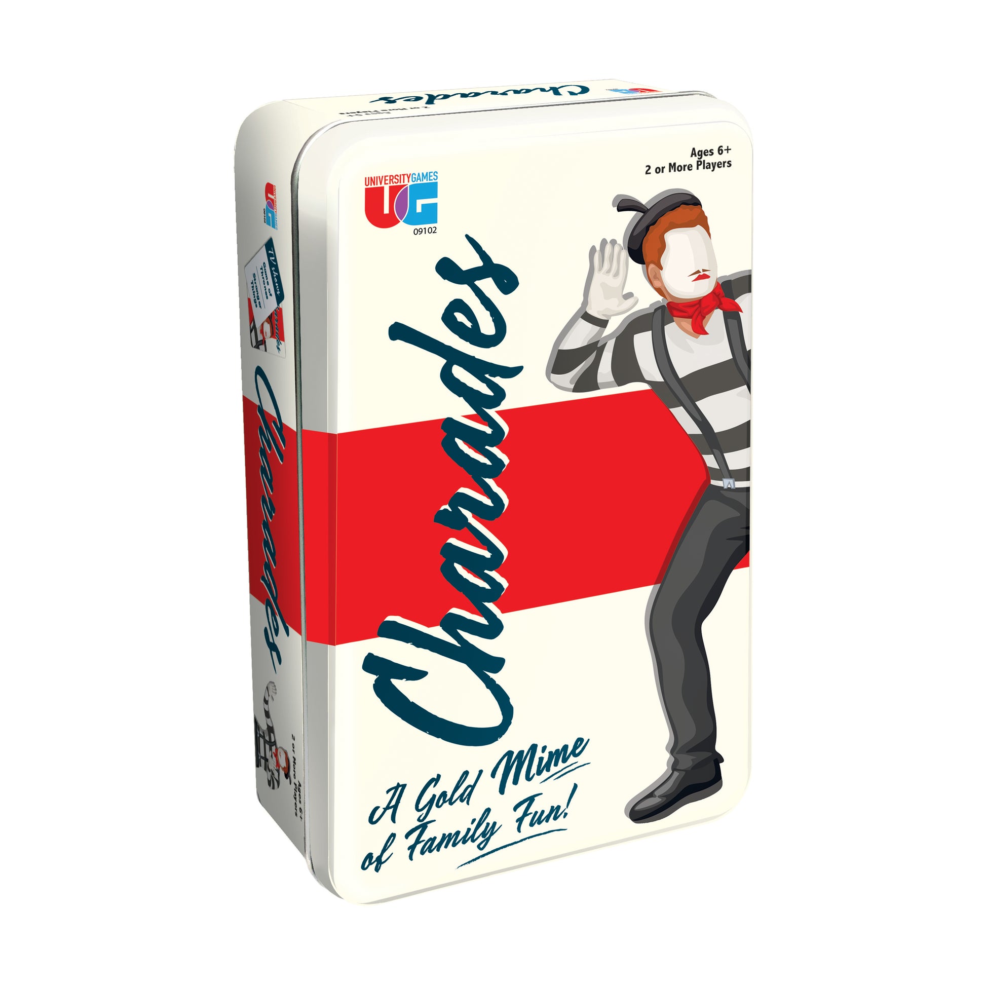 Charades Tin Family Game Night Edition board game box with cream and red design featuring illustrated character in mime costume