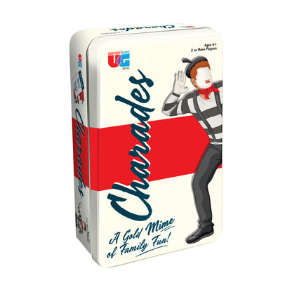 Charades Tin Family Game Night Edition board game box with cream and red design featuring illustrated character in mime costume