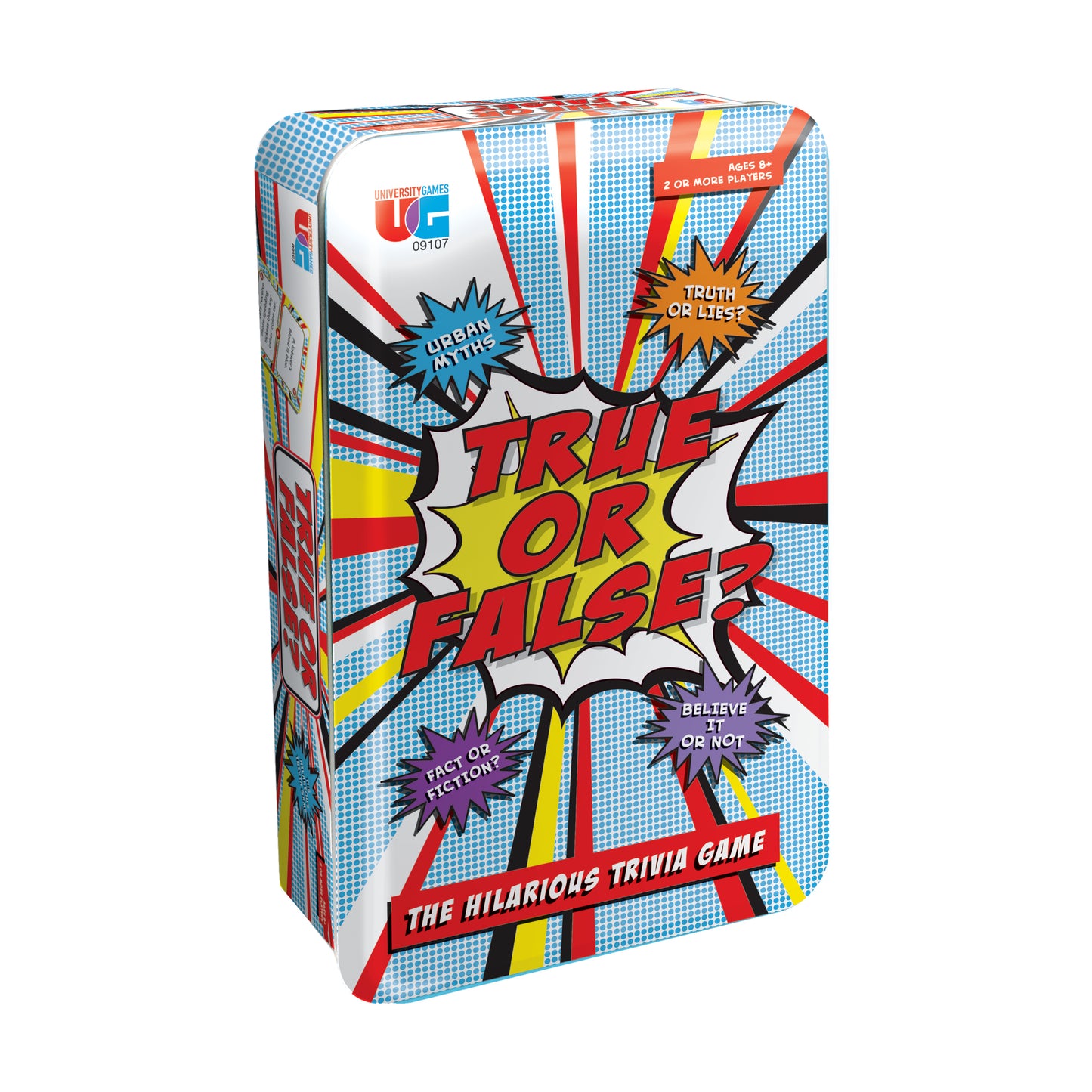 True or False? Tin Travel-Sized Trivia Game box with comic-book style design featuring red, yellow, and blue colors and text callouts