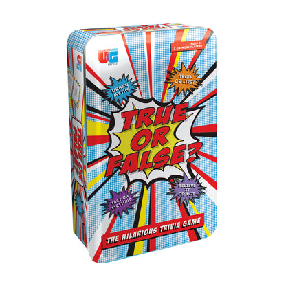 True or False? Tin Travel-Sized Trivia Game box with comic-book style design featuring red, yellow, and blue colors and text callouts
