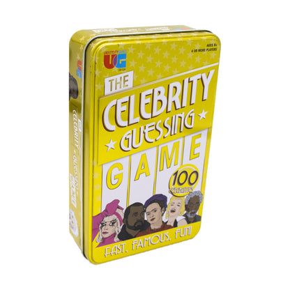 The Celebrity Guessing Game Tin, yellow metal box with game title and illustrated celebrity faces, labeled ages 8+, 4 or more players