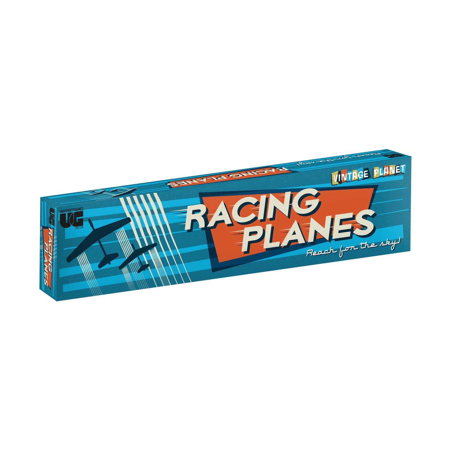 Vintage Planet Balsa Wood Racing Planes Set box with blue and orange retro design and silhouette of a racing plane