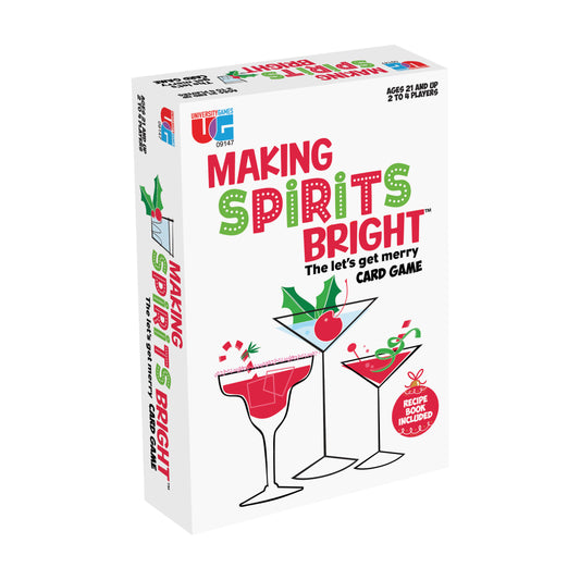 Making Spirits Bright card game box featuring holiday cocktail illustrations and text reading 'The let's get merry card game' with recipe book included, ages 21