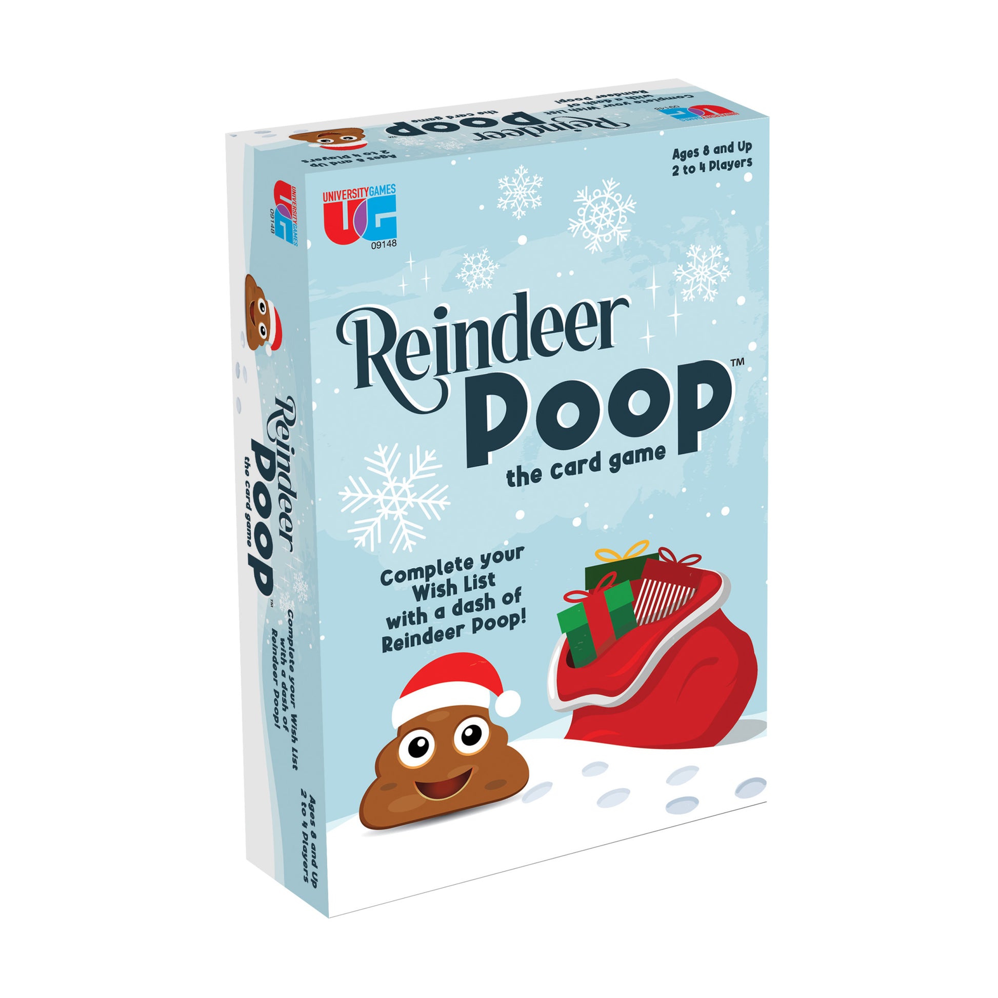 Reindeer Poop the card game box featuring a cartoon poop character wearing a Santa hat, red gift bag, snowflakes, and text reading 'Complete your wish list with