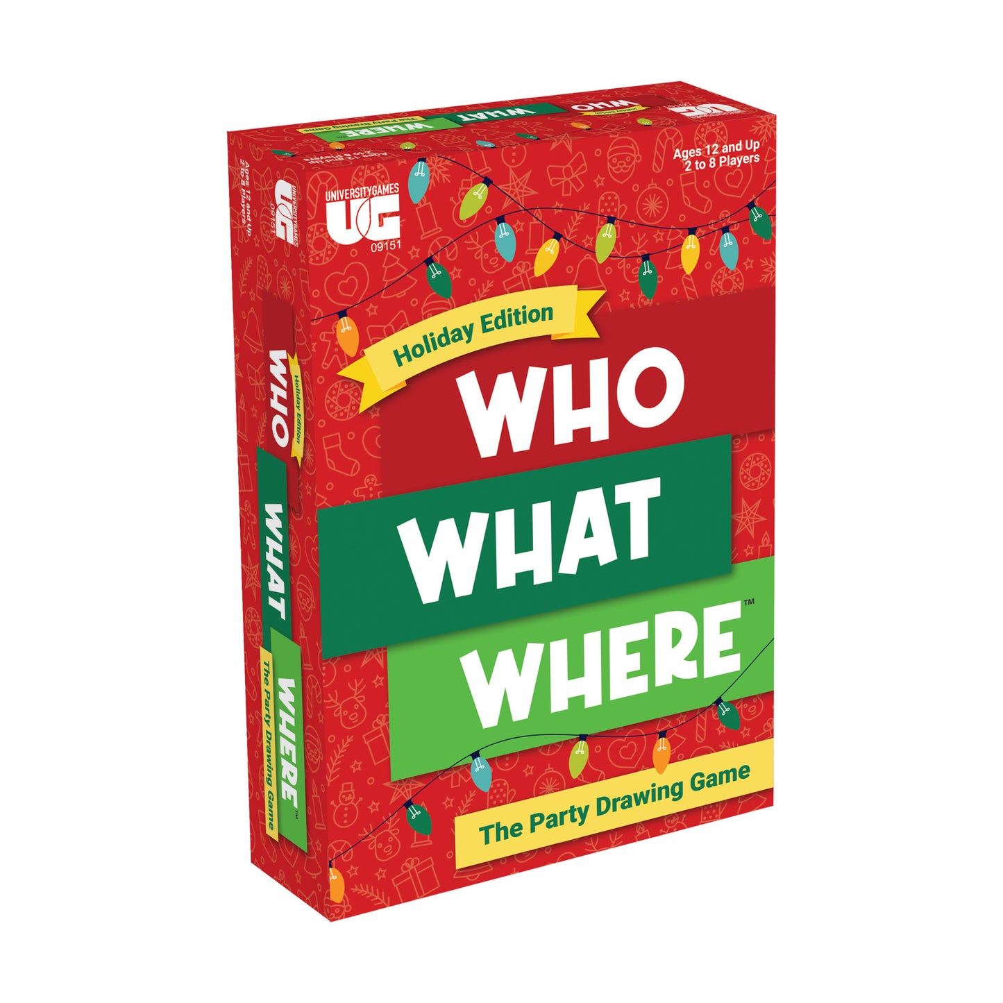 Who What Where Holiday Edition Party Drawing Game box with red background, holiday lights, and green and yellow text bands