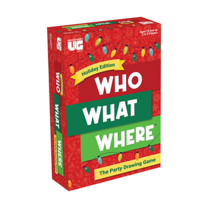 Who What Where Holiday Edition Party Drawing Game box with red background, holiday lights, and green and yellow text bands