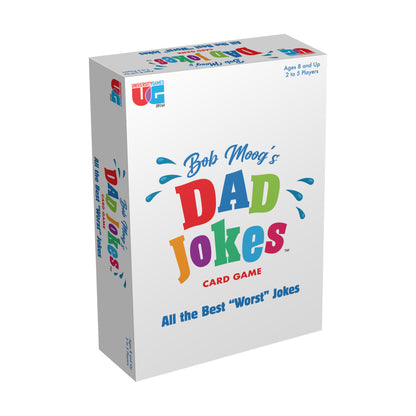 Bob Moog's Dad Jokes card game box, white packaging with colorful title text, for ages 8 and up, 2 to 6 players