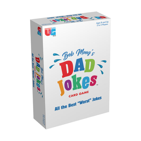 Bob Moog's Dad Jokes card game box, white packaging with colorful title text, for ages 8 and up, 2 to 6 players