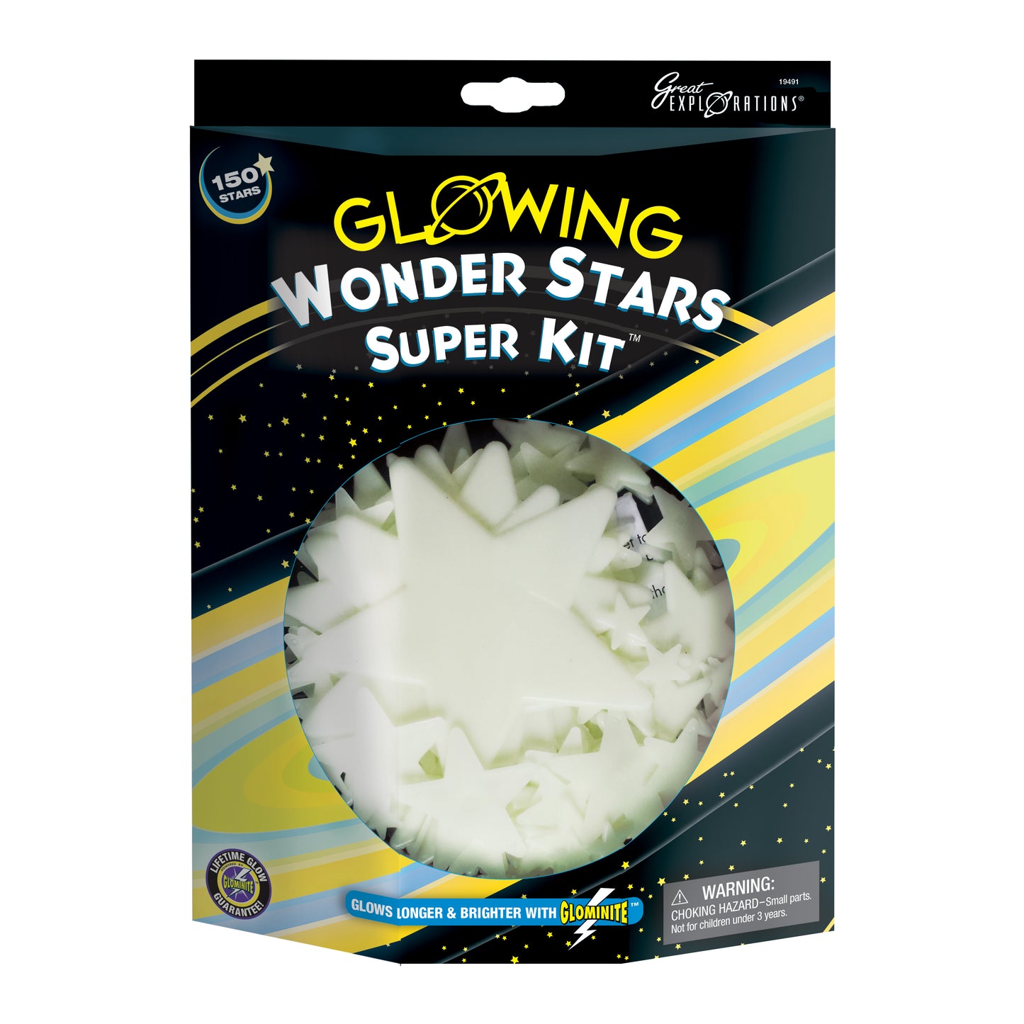 Glowing Wonder Stars Super Kit package with 150 glow-in-the-dark star stickers visible through clear window