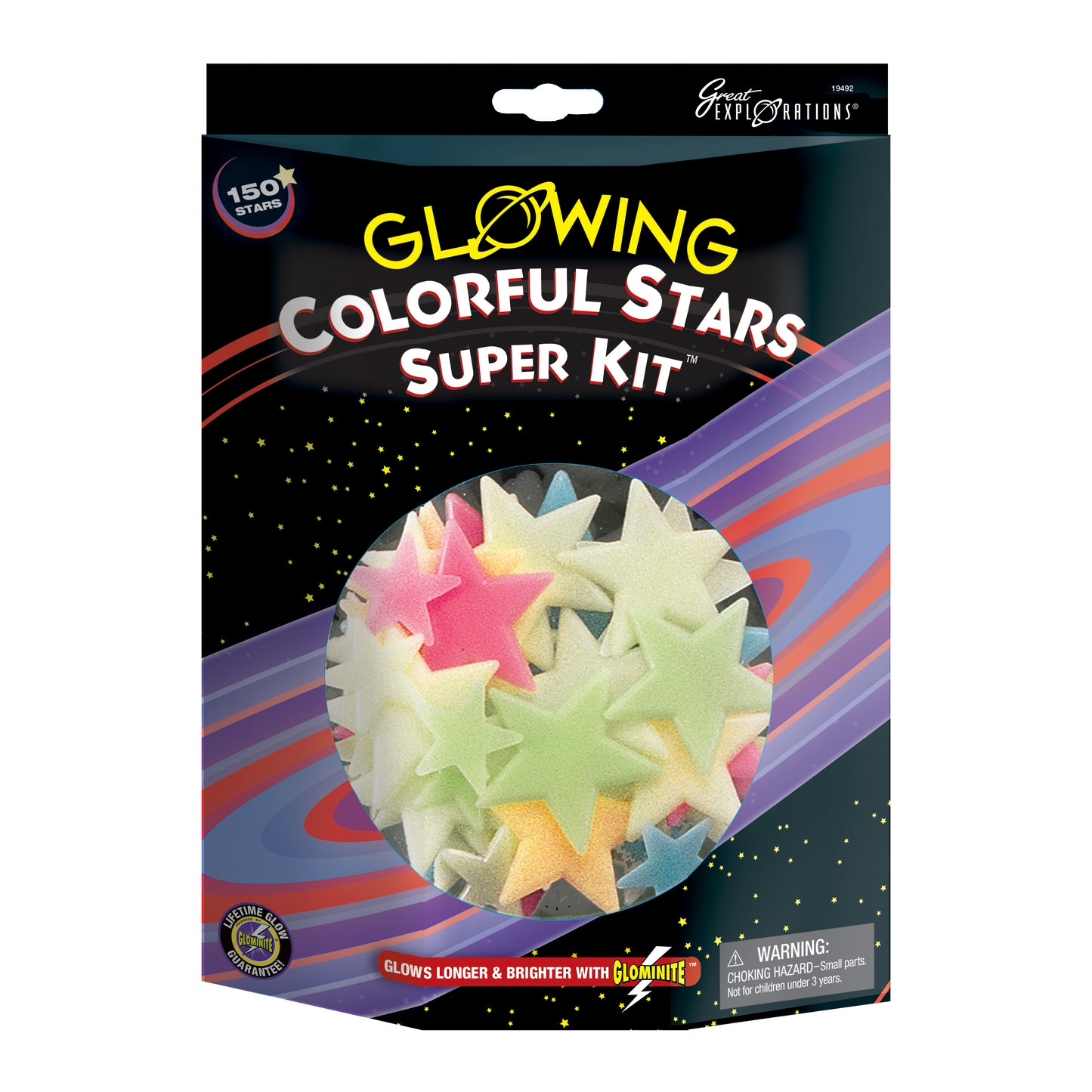 Glowing Colorful Stars Super Kit packaging with 150 glow-in-the-dark stars in pink, yellow, green, and blue on black background