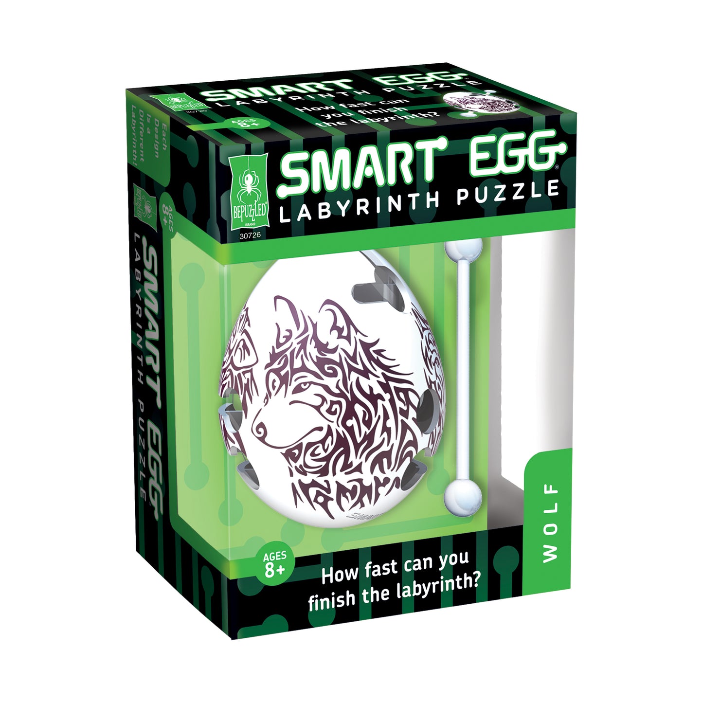 Smart Egg Wolf Edition labyrinth puzzle in egg-shaped case with purple wolf design, includes stylus tool, ages 8+