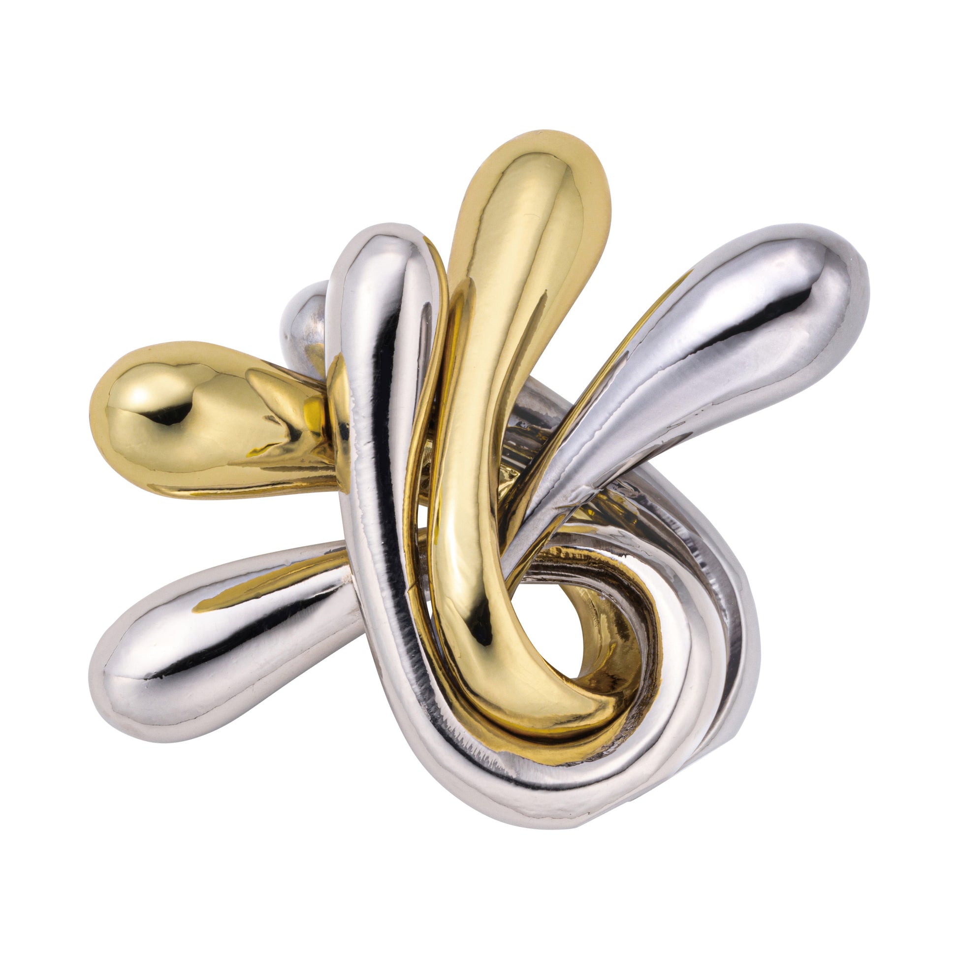 Hanayama Level 5 Cast Puzzle - Ripple, metal brain teaser with interlocking gold and silver teardrop-shaped pieces on plain background