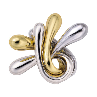 Hanayama Level 5 Cast Puzzle - Ripple, metal brain teaser with interlocking gold and silver teardrop-shaped pieces on plain background