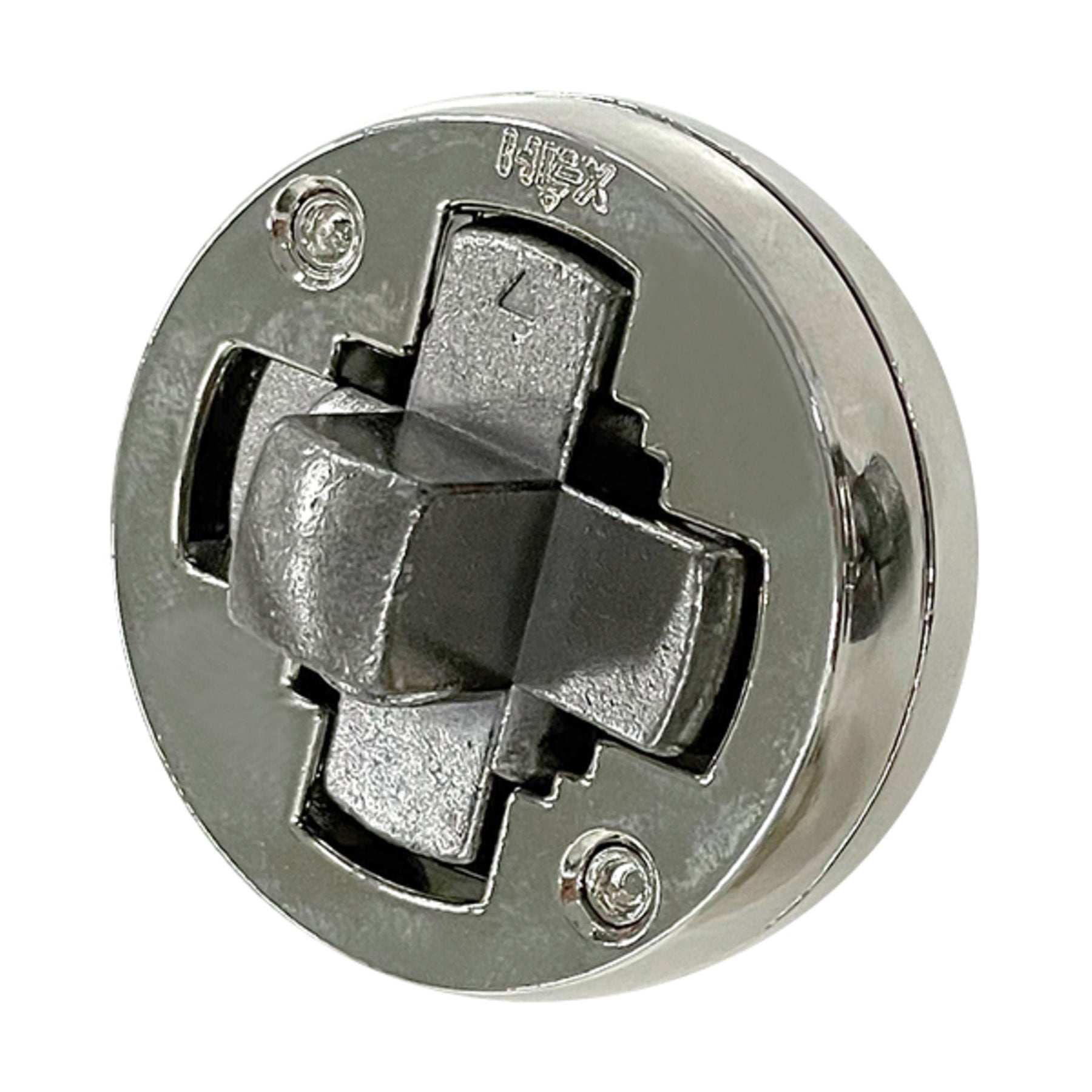 Hanayama Level 3 Cast Puzzle - Hex Brain Teaser, silver metal puzzle with interlocking geometric pieces on circular base