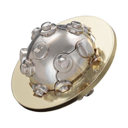 Hanayama Level 4 Cast Puzzle - Planet, a spherical silver and gold metal brain teaser puzzle with interlocking mechanical components